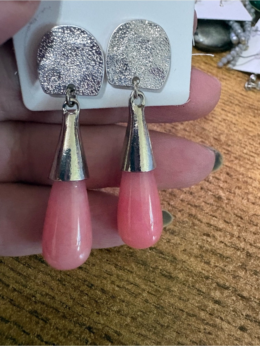 E405 Girfeous Silver-Tone Pink Teardrop Stone Drop Earrings - Women Jewelry